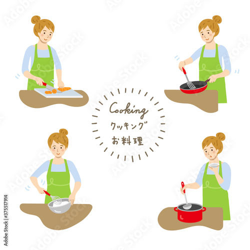 料理をする女性セット