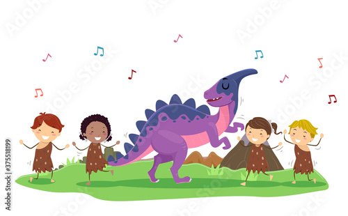 Stickman Kids Parasaurolophus Dancing Illustration