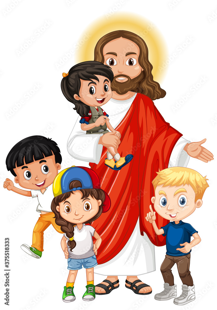 Jesus with a children group cartoon character