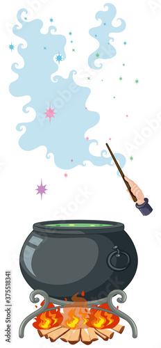 Black magic pot and magic wand cartoon style isolated on white background