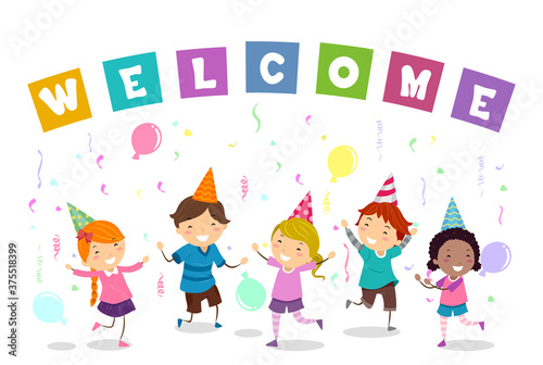 Stickman Kids Welcome Party Balloons Illustration