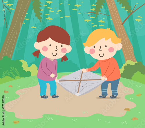 Kids Beating Sheet Outdoors Insects Illustration