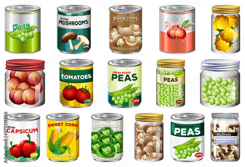 Set of different canned food and food in jars isolated