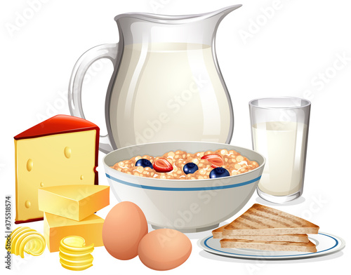 Breakfast cereal in bowl with jar of milk in a group isolated on white background
