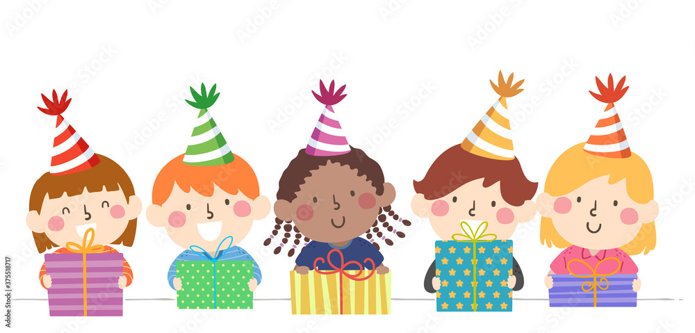 Kids Hold Gifts Party Hats Border Illustration