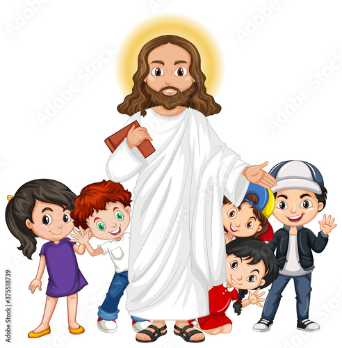 Jesus with a children group cartoon character