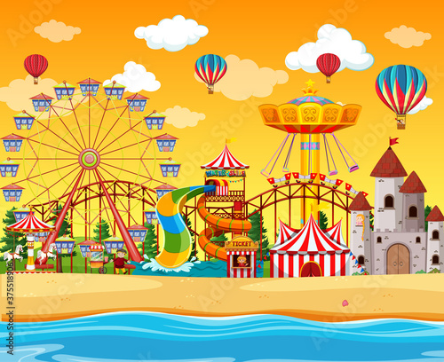 Amusement park with beach side scene at daytime with balloons in the sky