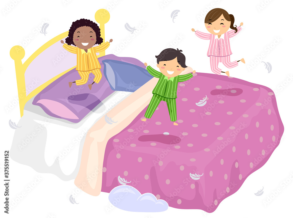 Stickman Kids Jump Big Bed Feathers Illustration Stickman Kids Jump Big Bed Feathers Illustration