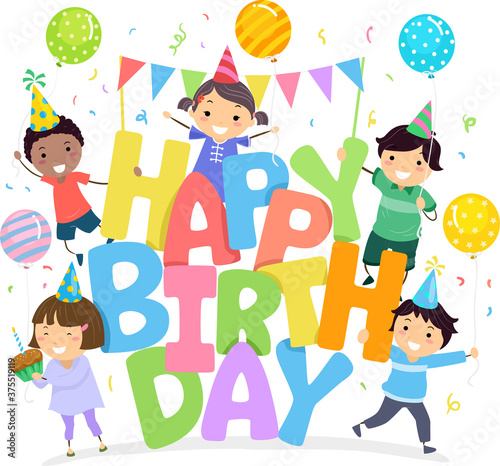 Stickman Kids Happy Birthda...