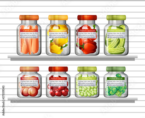 Set of different vegetables in different jars and canned foods on wall shelves