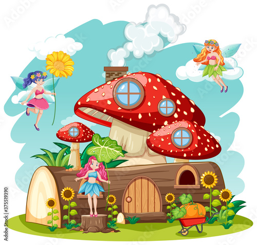 Fairy tales with mushroom and timber house isolated cartoon style on white background