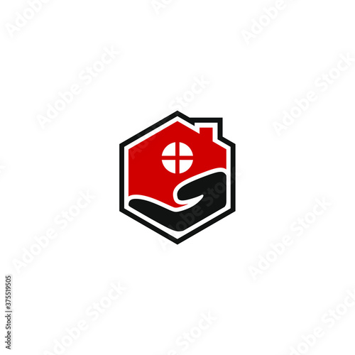 illustration vector graphic of hexagon house and  hand logo design
