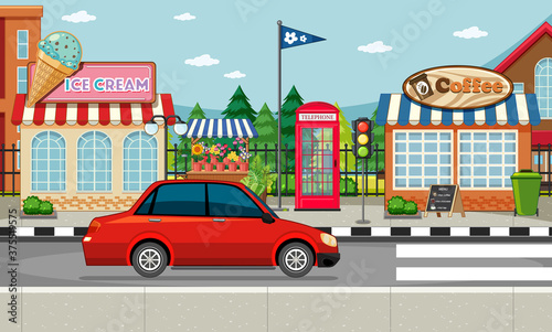 Street side scene with ice cream shop and coffee shop and red car on the street scene