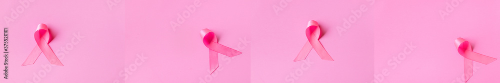 Collection of pink ribbons on pink background.Breast cancer awareness.