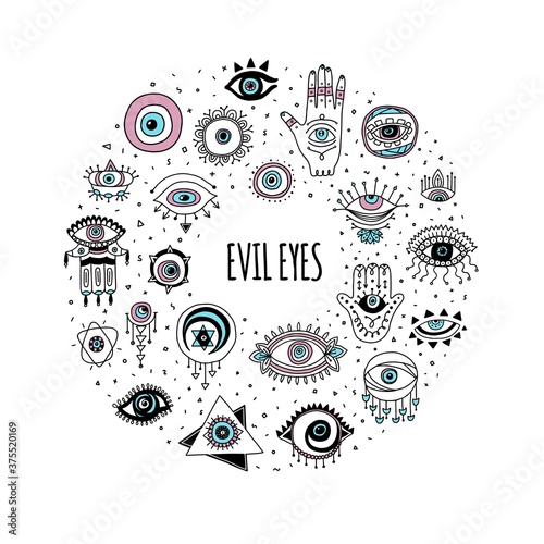 Frame with evil eyes and Fatima hands cartoon vector illustration isolated.