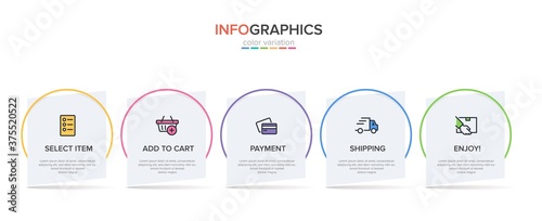 Concept of shopping process with 5 successive steps. Five colorful graphic elements. Timeline design for brochure, presentation, web site. Infographic design layout.