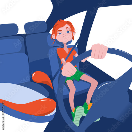Dangerous car driving by a girl with redheads