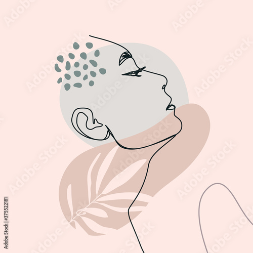 One Line Woman's Face. Continuous line Female Portrait in Profile With Geometric Shapes and Floral Elements In a Modern Minimalist Style. Vector Illustration For poster, card, print on t-shirts, logos