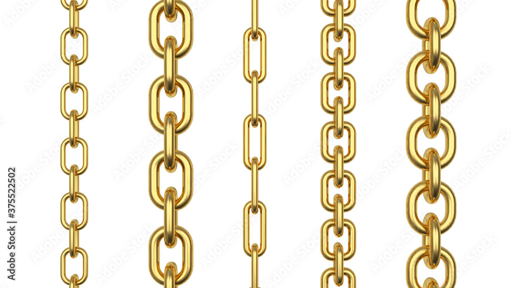Vertical rows of gold chains isolated on a white background. 3D illustration