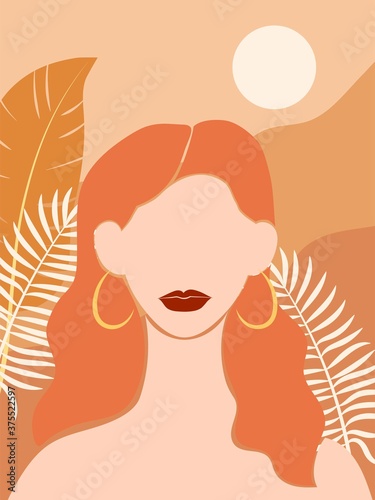 Portrait of a woman against a background of mountains. Minimalistic drawing. Modern style. Flat vector illustration in warm pastel colors.