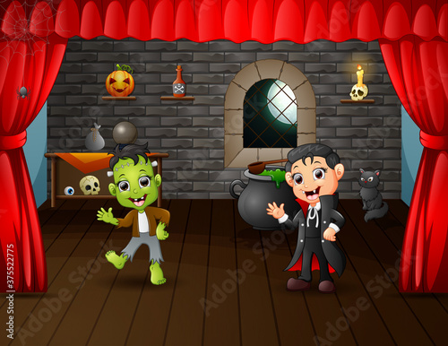 Cartoon of frankenstein and vampire on stage