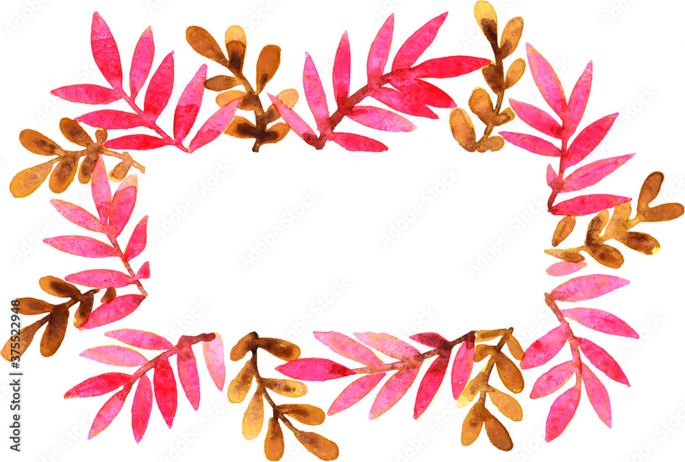 Red and brown fern on rectangle frame watercolor hand painting fr decoration on Autumn season events. Red and brown fern on rectangle frame watercolor hand painting fr decoration on Autumn season events.
