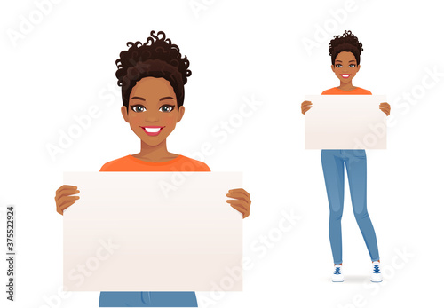 African beautiful smiling young woman in jeans holding empty blank board isolated vector illustration