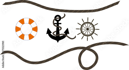 怒りと浮き輪・舵とロープの可愛い海のデザインイラスト素材