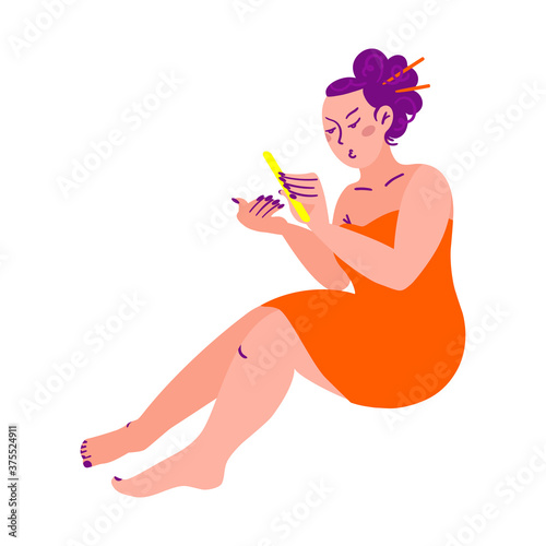 The girl does a manicure. Beauty, care, hygiene concept clipart. Vector. Flat style.