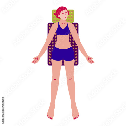 The girl lies on the applicator mat. Rest and relaxation. Beauty, care, hygiene concept clipart. Vector. Flat style.