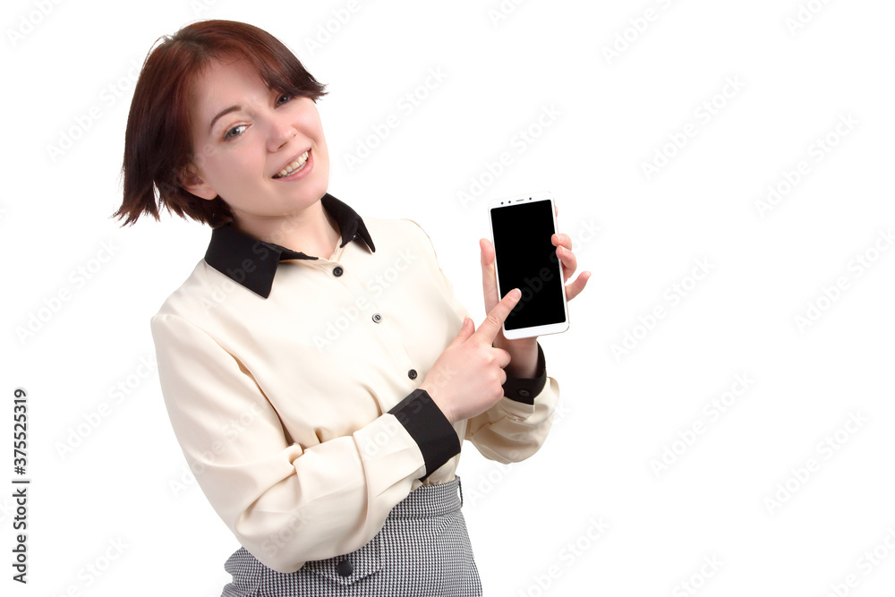 young businesswoman, holds a smartphone, isolate on white background young businesswoman, holds a smartphone, isolate on white background