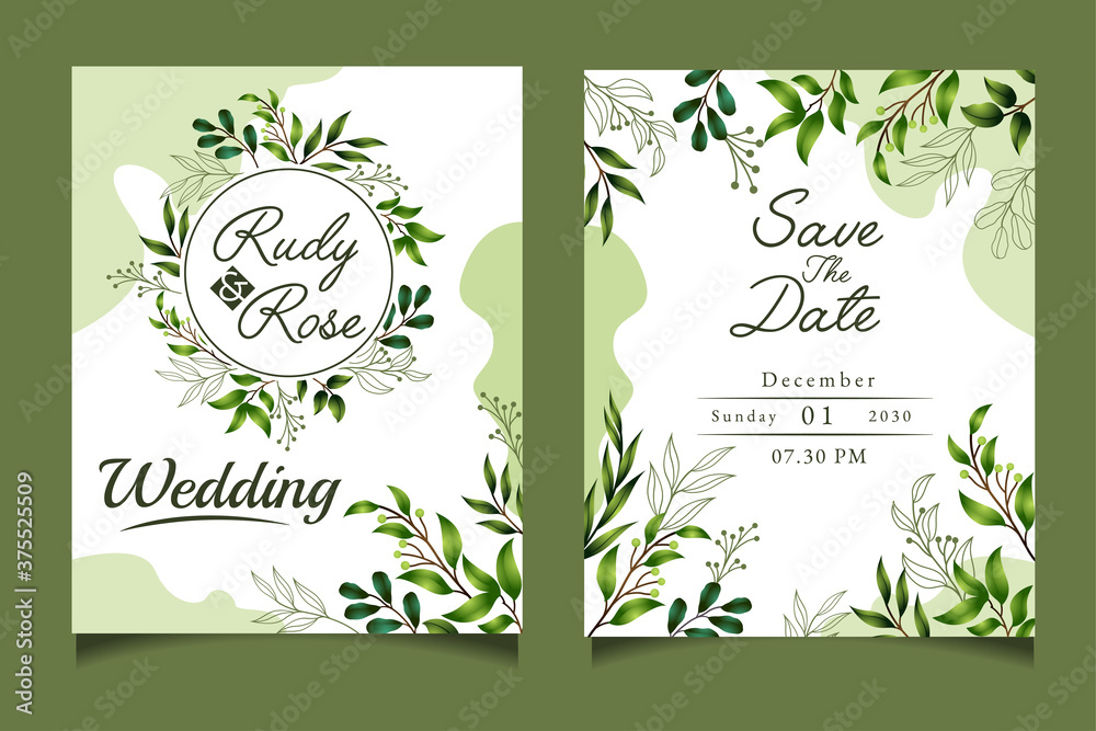 Green leaves cover wedding invitation set design, Vector decorative greeting card design