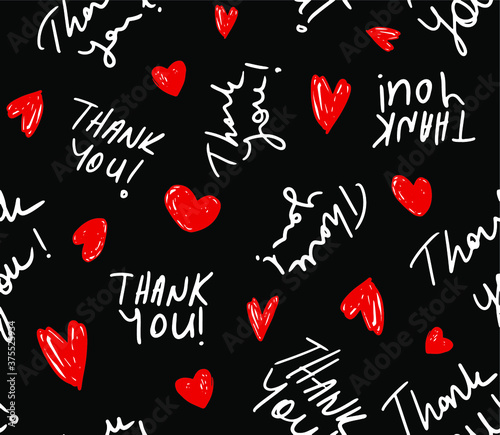 Hand Writing Thank You Text with Small Hearts Repeating Vector Pattern Isolated Background