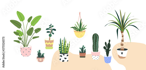 Home plants in flowerpot. Houseplants isolated. Set collection. Trendy hugge style, urban jungle decor. Hand drawn. Green, blue, pink, brown, beige, white colors. Print, poster, banner. Logo, label. © Oksana Trygub