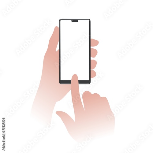 Hand holding smartphone template vector. Touching smartphone scr