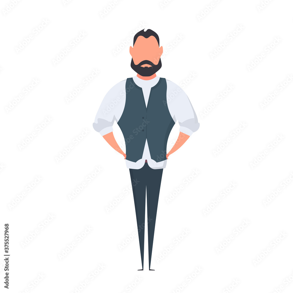 Businessman in a vest. A man in a classic waistcoat holds his hands on his belt. Isolated. Vector.