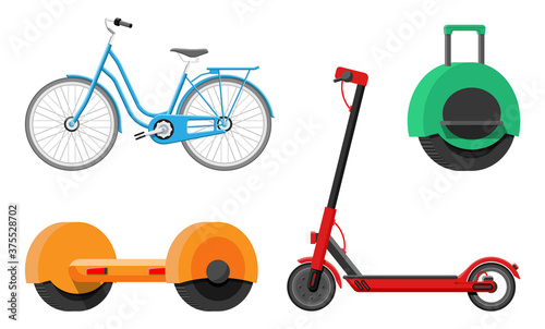 Set of urban transport for leisure. Kick scooter, hoverboard, monocycle, gyroscooter and bicycle. Eco city vehicles. Ecological, convenient urban transportation. Flat vector illustration