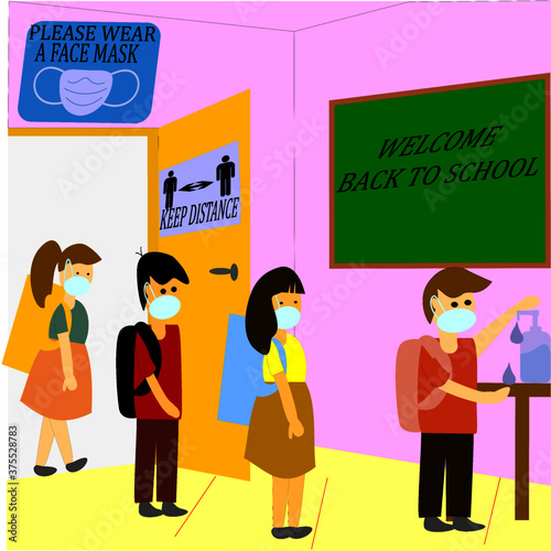 Back to school new normal after pandemic of  covid-19,
coronavirus, Pupils entering classroom with mask and applying sanitizer.