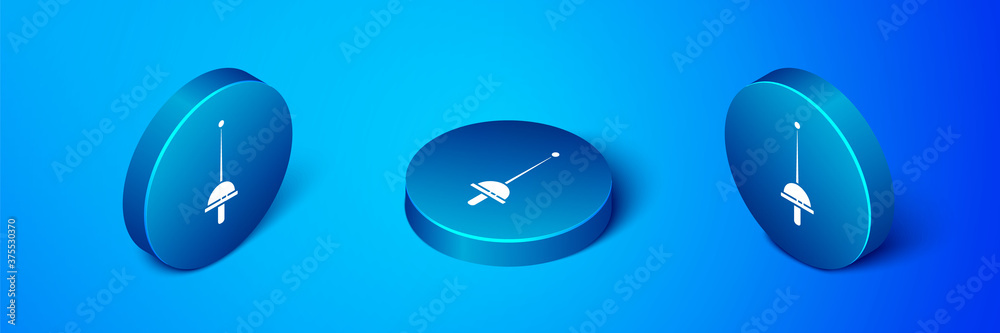 Isometric Fencing icon isolated on blue background. Sport equipment. Blue circle button. Vector Illustration. Isometric Fencing icon isolated on blue background. Sport equipment. Blue circle button. Vector Illustration.