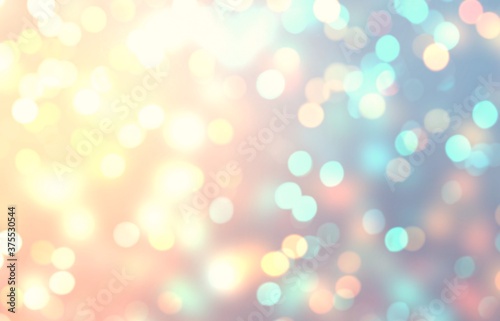 Golden blue bokeh blurred texture. Confetti empty background. Glitter defocused illustration. New Year holiday abstract template.