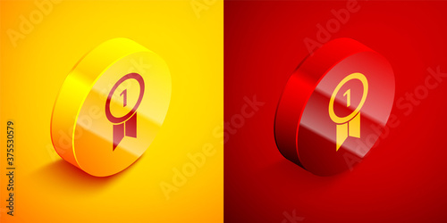 Isometric Medal icon isolated on orange and red background. Winner achievement sign. Award medal. Circle button. Vector Illustration.