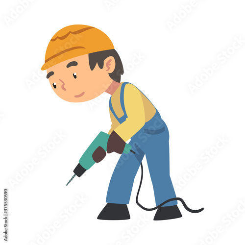 Boy Construction Worker with Drill, Cute Little Builder Character Wearing Blue Overalls and Hard Hat with Professional Tool Cartoon Style Vector Illustration
