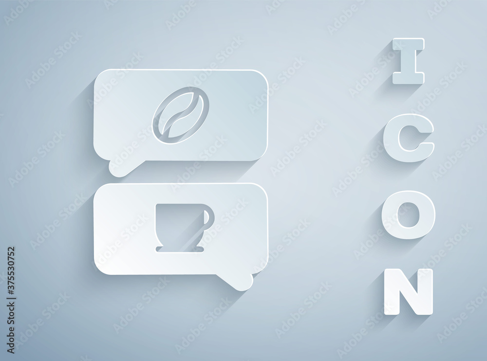 Paper cut Coffee and conversation icon isolated on grey background. Coffee talk. Speech bubbles chat. Paper art style. Vector Illustration. Paper cut Coffee and conversation icon isolated on grey background. Coffee talk. Speech bubbles chat. Paper art style. Vector Illustration.