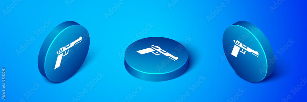 Isometric Pistol or gun icon isolated on blue background. Police or military handgun. Small firearm. Blue circle button. Vector Illustration. Isometric Pistol or gun icon isolated on blue background. Police or military handgun. Small firearm. Blue circle button. Vector Illustration.