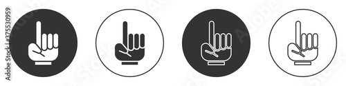 Black Number 1 one fan hand glove with finger raised icon isolated on white background. Symbol of team support in competitions. Circle button. Vector Illustration.
