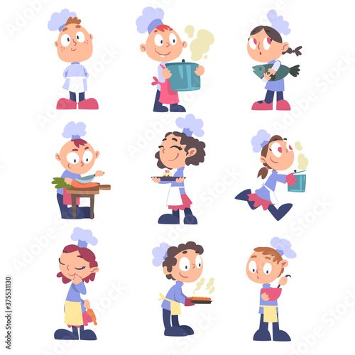 Kids Chefs Cook Set, Cute Children Cookers Characters Wearing White Hat and Apron Cooking Delicious Food on Kitchen Cartoon Vector Illustration