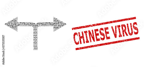 Recursive collage bifurcation arrows left right and Chinese Virus textured stamp. Vector collage is made from repeating bifurcation arrows left right icons.