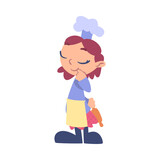Girl Chef Cook with Rolling Pin, Cute Child Cooker Character Wearing White Hat and Apron Cooking Delicious Food on Kitchen Cartoon Style Vector Illustration