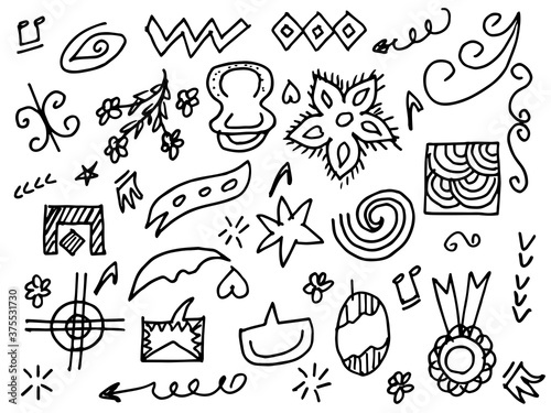 Abstract arrows  ribbons  hearts  stars  crowns and other elements in a hand drawn style for concept designs. Scribble illustration. Vector illustration.