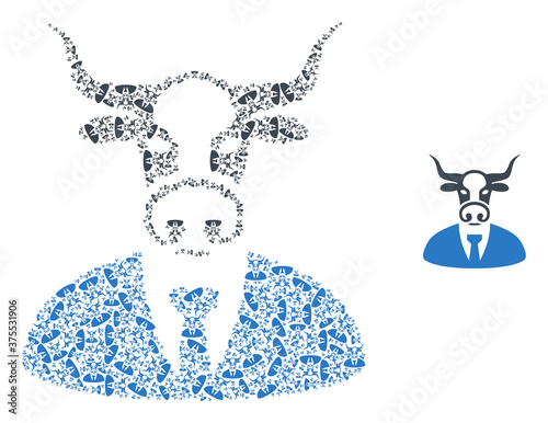Vector cow boss collage is created of repeating recursive cow boss pictograms. Recursive collage for cow boss.